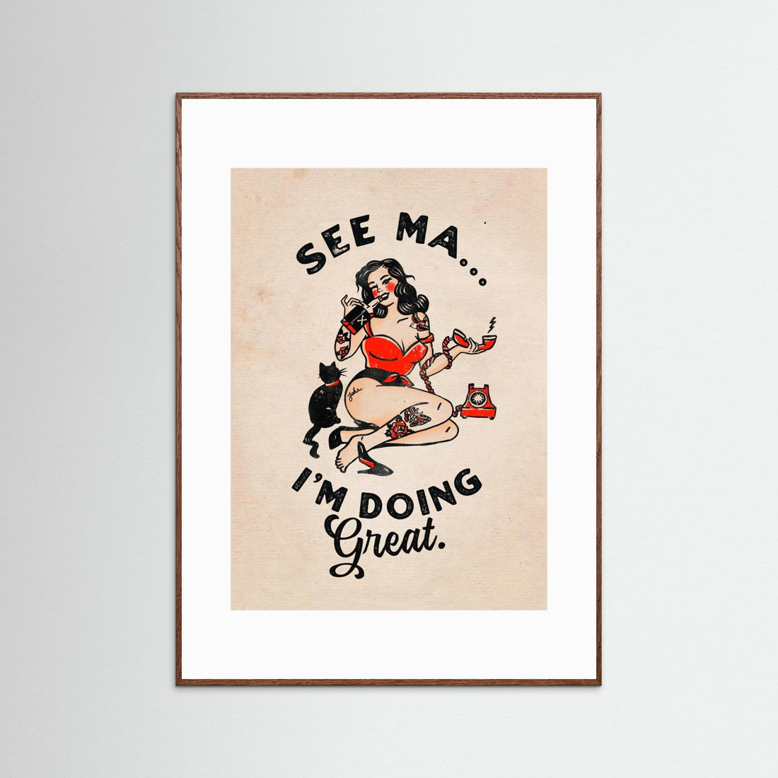 See Ma Poster Funny Vintage Pinup Girl & Cat by The Whiskey Ginger