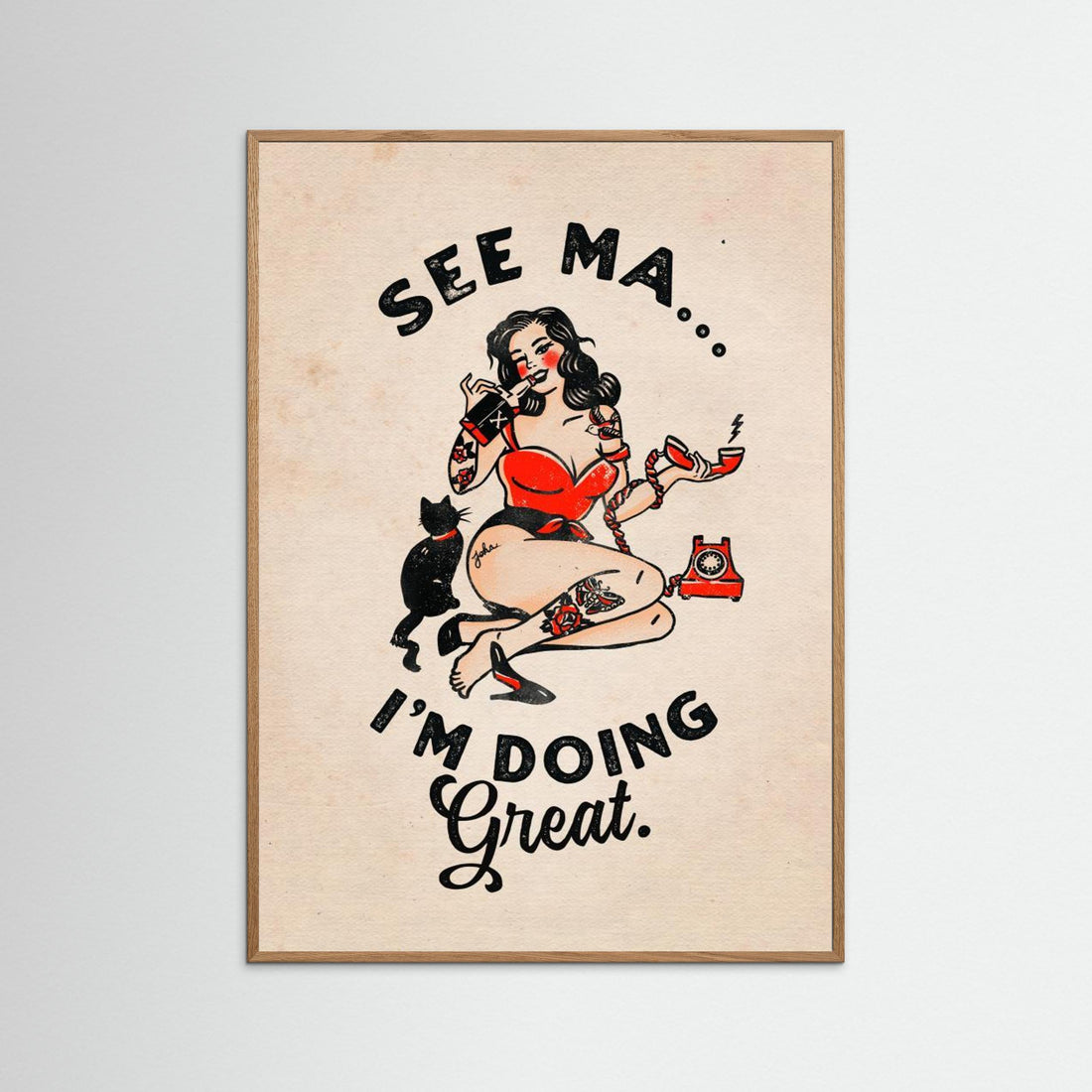 See Ma Poster Funny Vintage Pinup Girl & Cat by The Whiskey Ginger