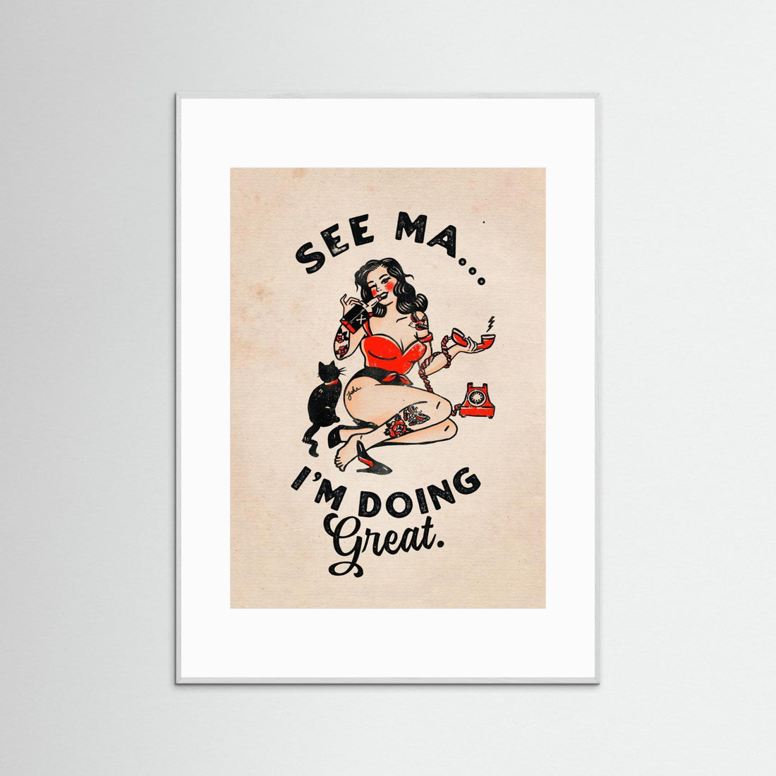 See Ma Poster Funny Vintage Pinup Girl & Cat by The Whiskey Ginger