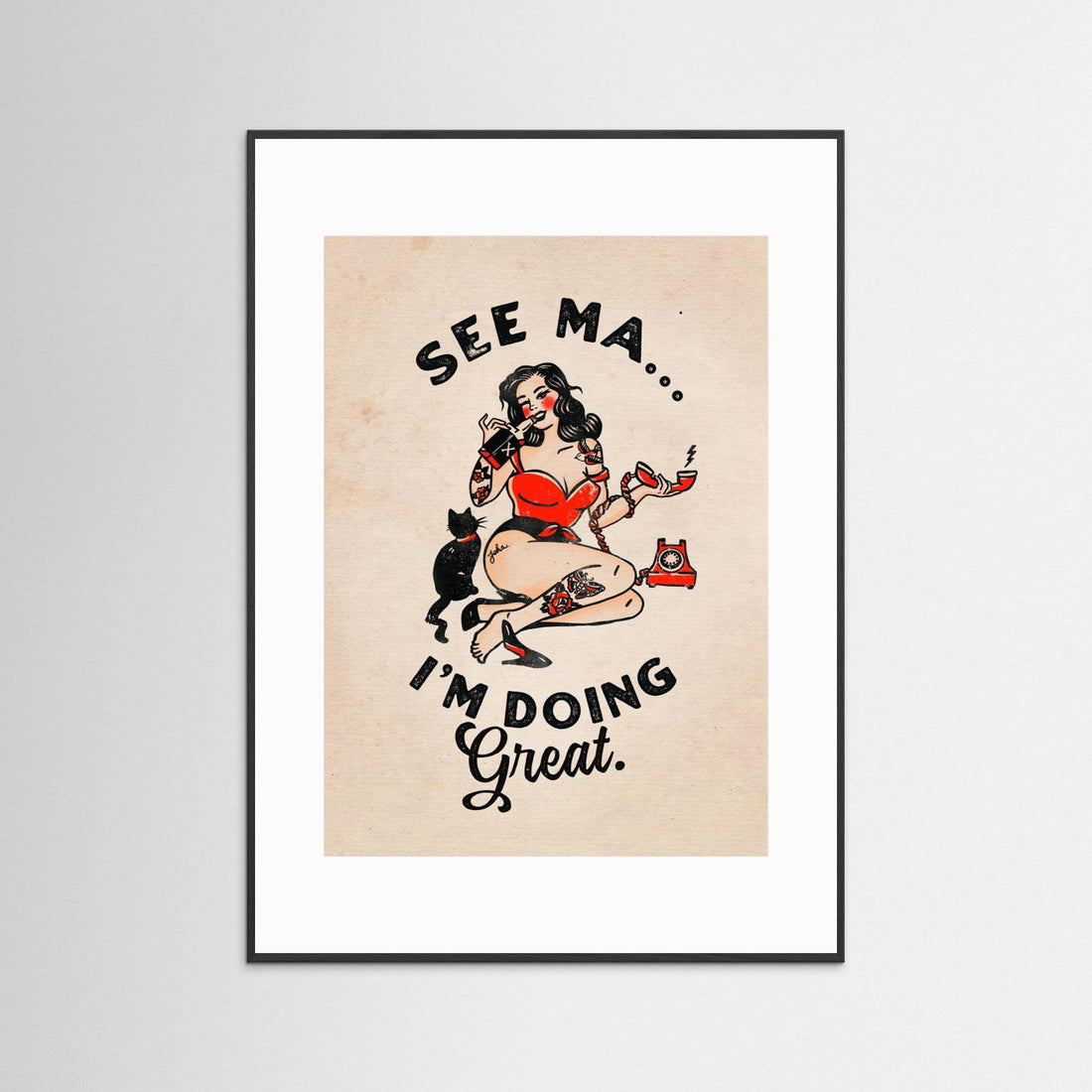 See Ma Poster Funny Vintage Pinup Girl & Cat by The Whiskey Ginger