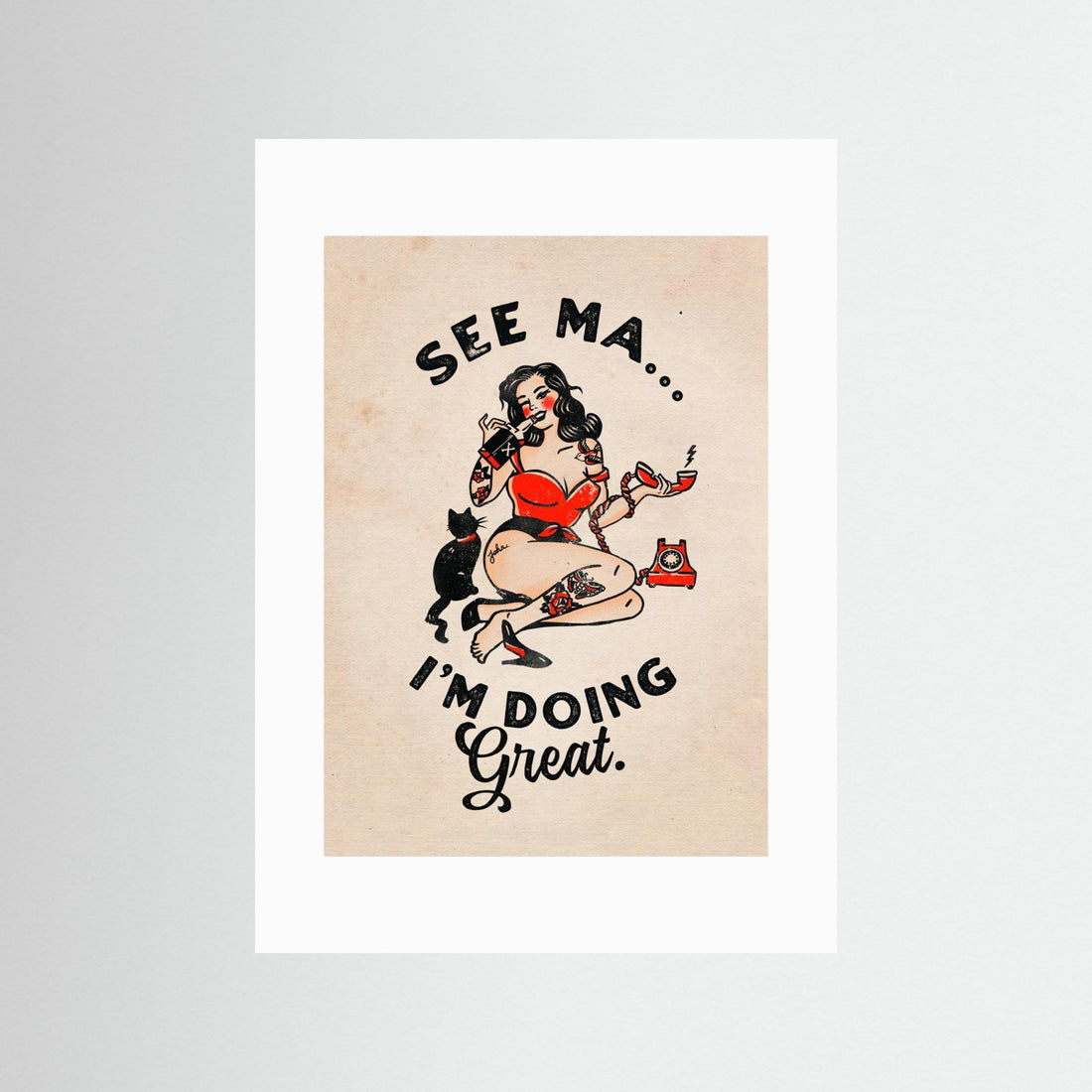 See Ma Poster Funny Vintage Pinup Girl & Cat by The Whiskey Ginger