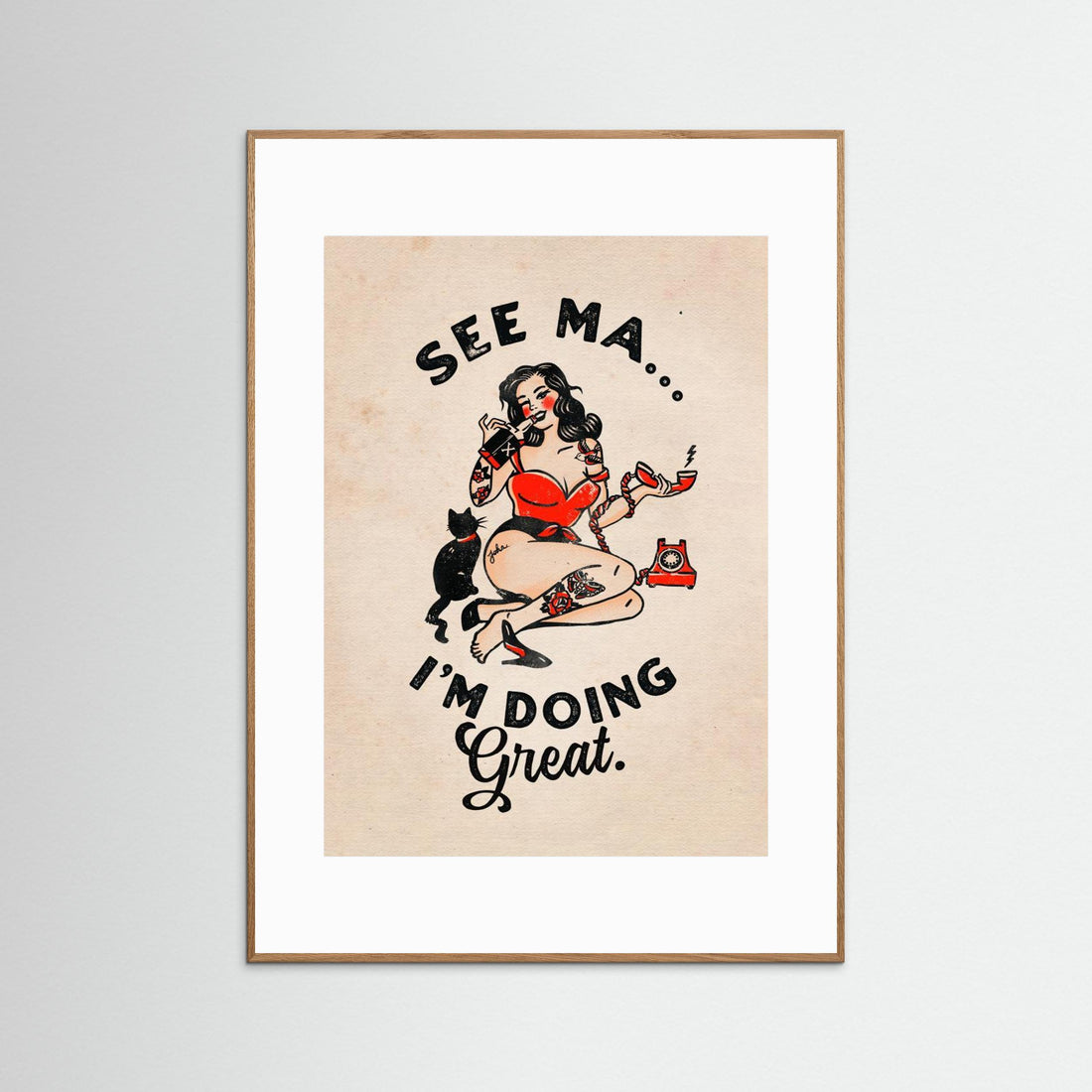 See Ma Poster Funny Vintage Pinup Girl & Cat by The Whiskey Ginger