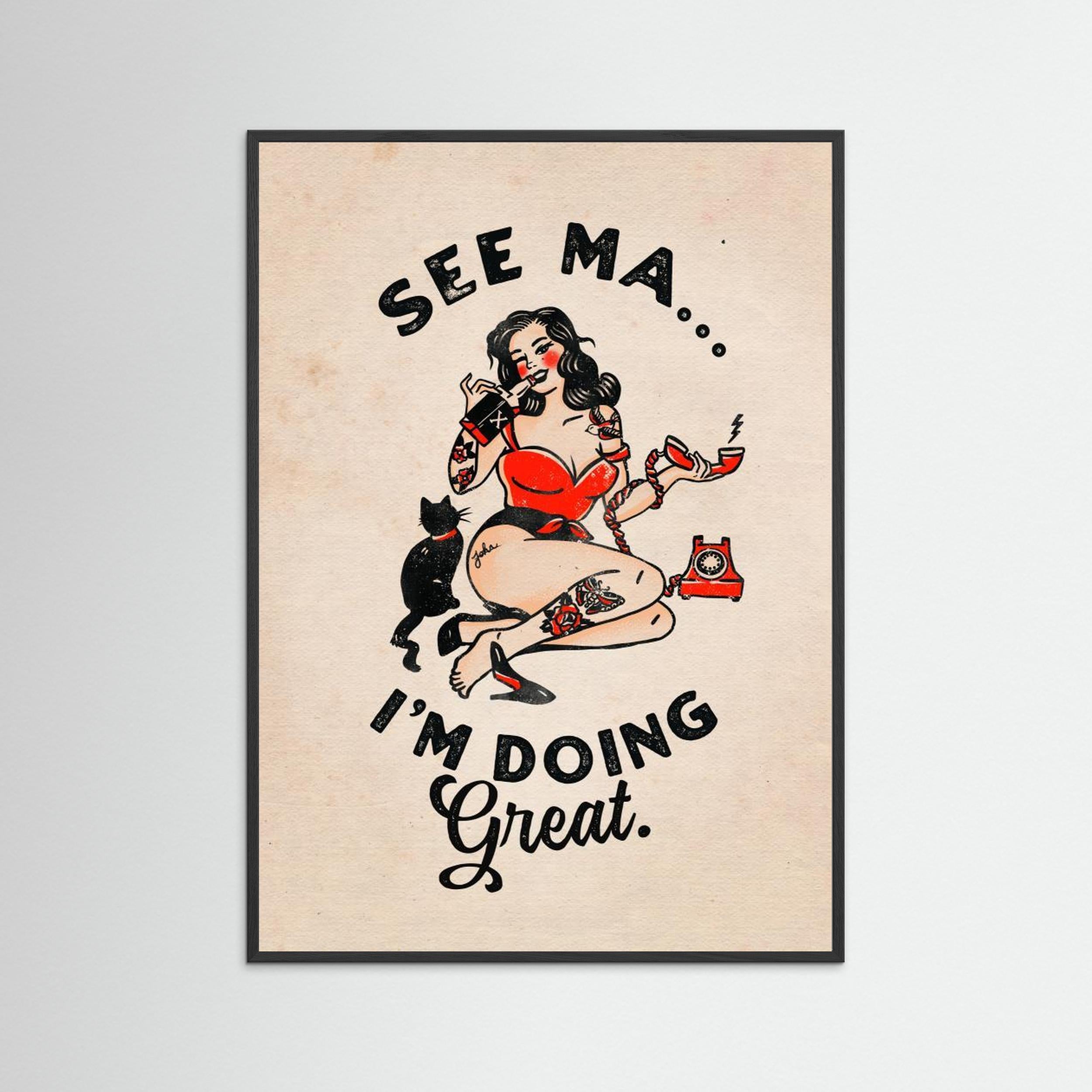 See Ma Poster Funny Vintage Pinup Girl &amp; Cat by The Whiskey Ginger