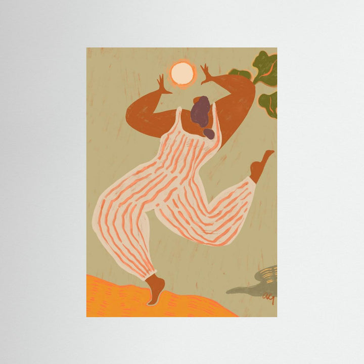 Modern Wall Art Poster Reach For The Sun by Arty Guava featuring a woman dancing under a warm sun.