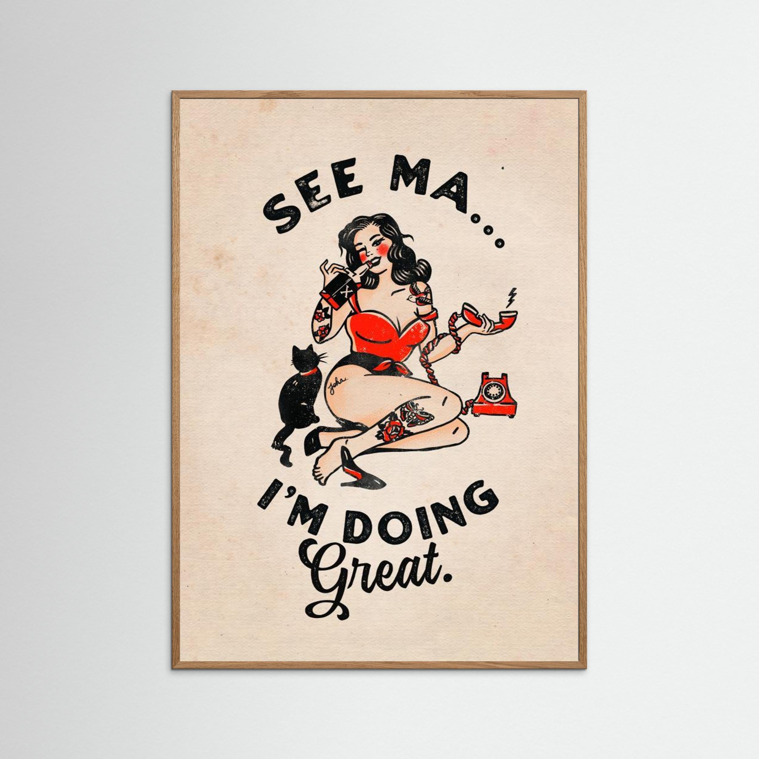 See Ma Poster Funny Vintage Pinup Girl &amp; Cat by The Whiskey Ginger