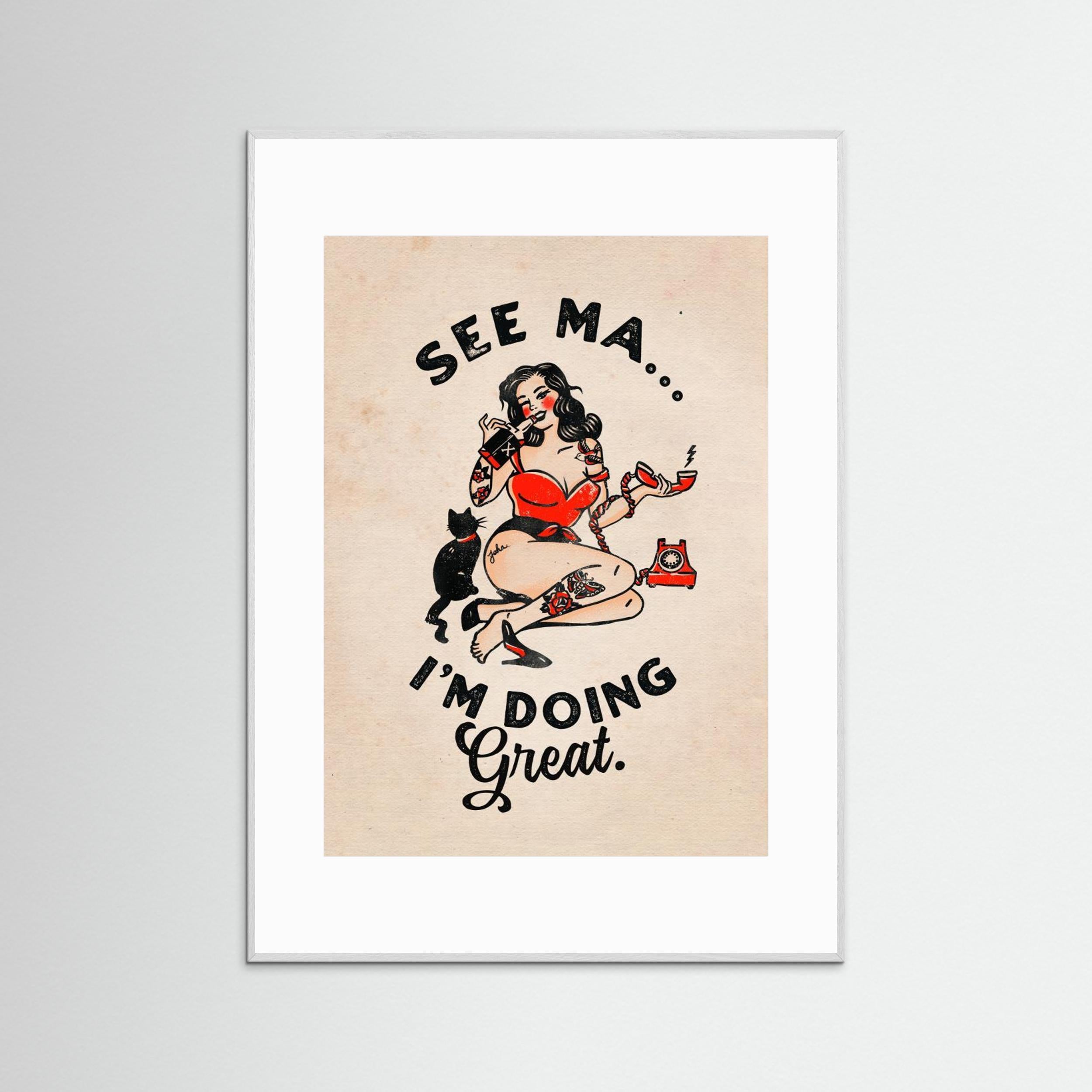 See Ma Poster Funny Vintage Pinup Girl &amp; Cat by The Whiskey Ginger