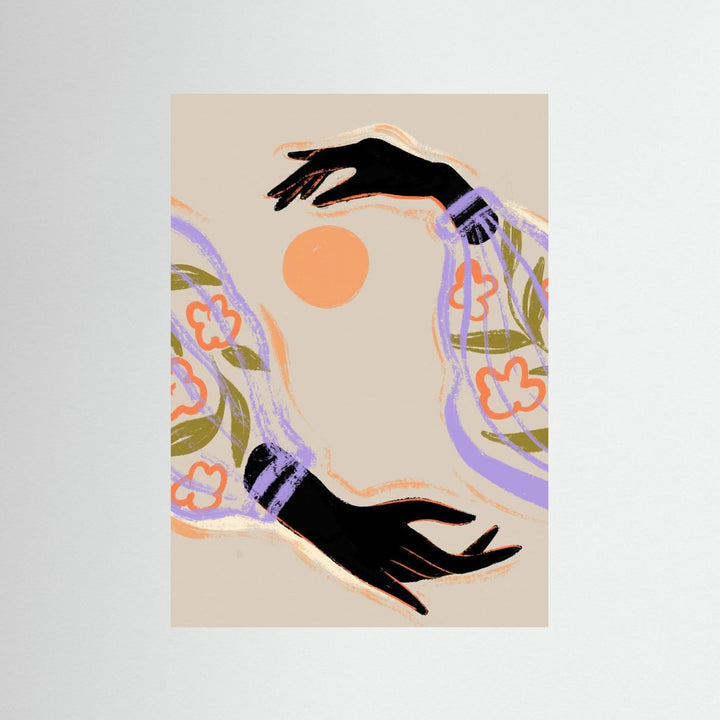 Embrace The Sun by Arty Guava modern art print featuring black hands framing an orange sun with purple floral sleeves.