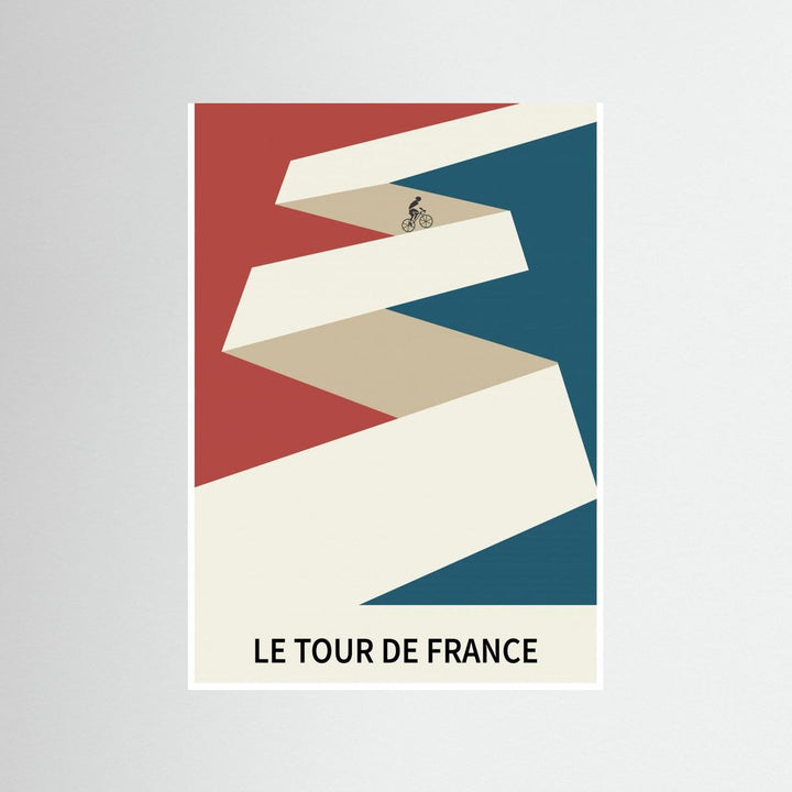 Minimalist Tour de France cycling poster by Paperago, featuring a cyclist on a winding road with red and blue background.