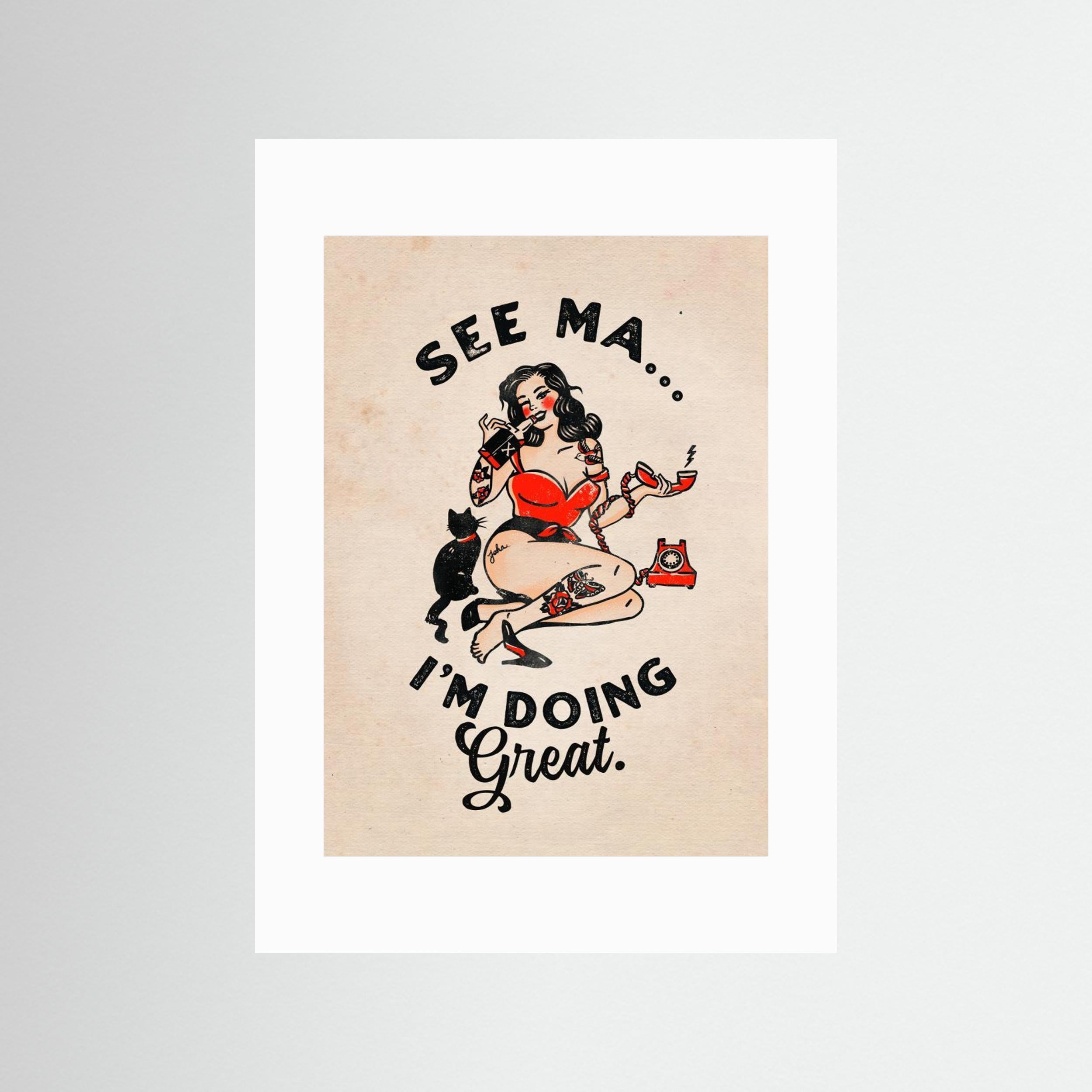 See Ma Poster Funny Vintage Pinup Girl &amp; Cat by The Whiskey Ginger