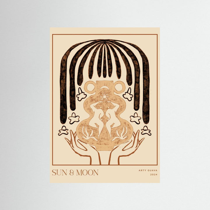 Minimalist Sun & Moon fine art poster by Arty Guava, featuring vessel line art and celestial motifs on beige paper.