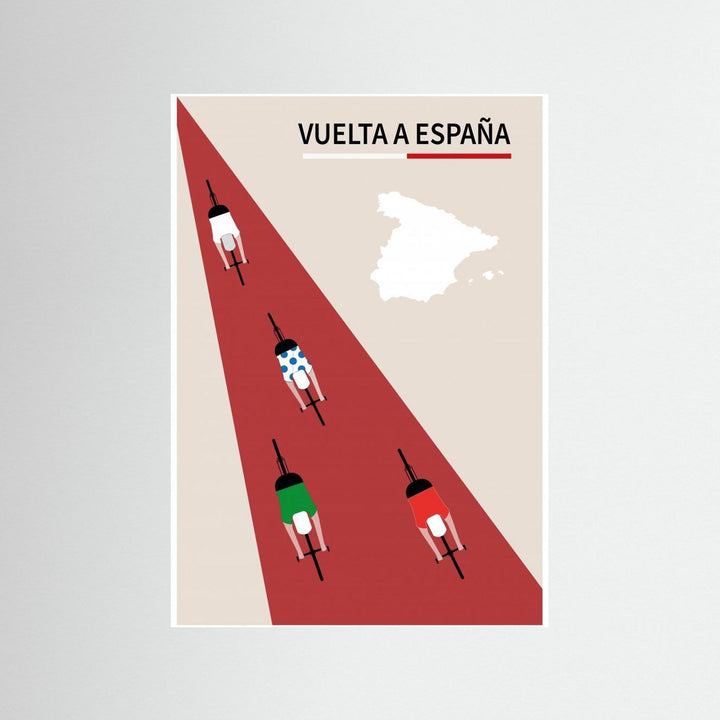 Vintage Vuelta a España cycling poster featuring four cyclists on a red road with a map of Spain by Paperago.