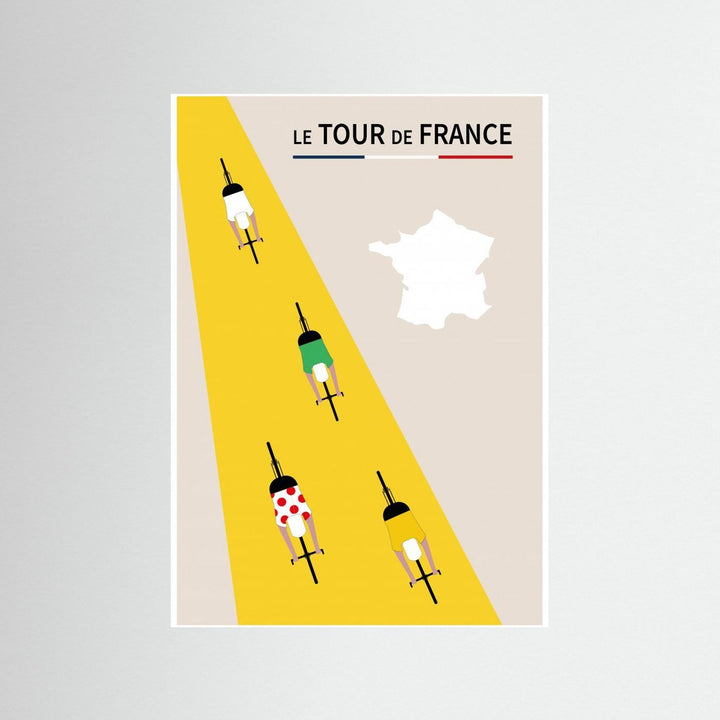 Vintage Le Tour de France cycling poster by Paperago, featuring cyclists on a yellow road and a map of France.