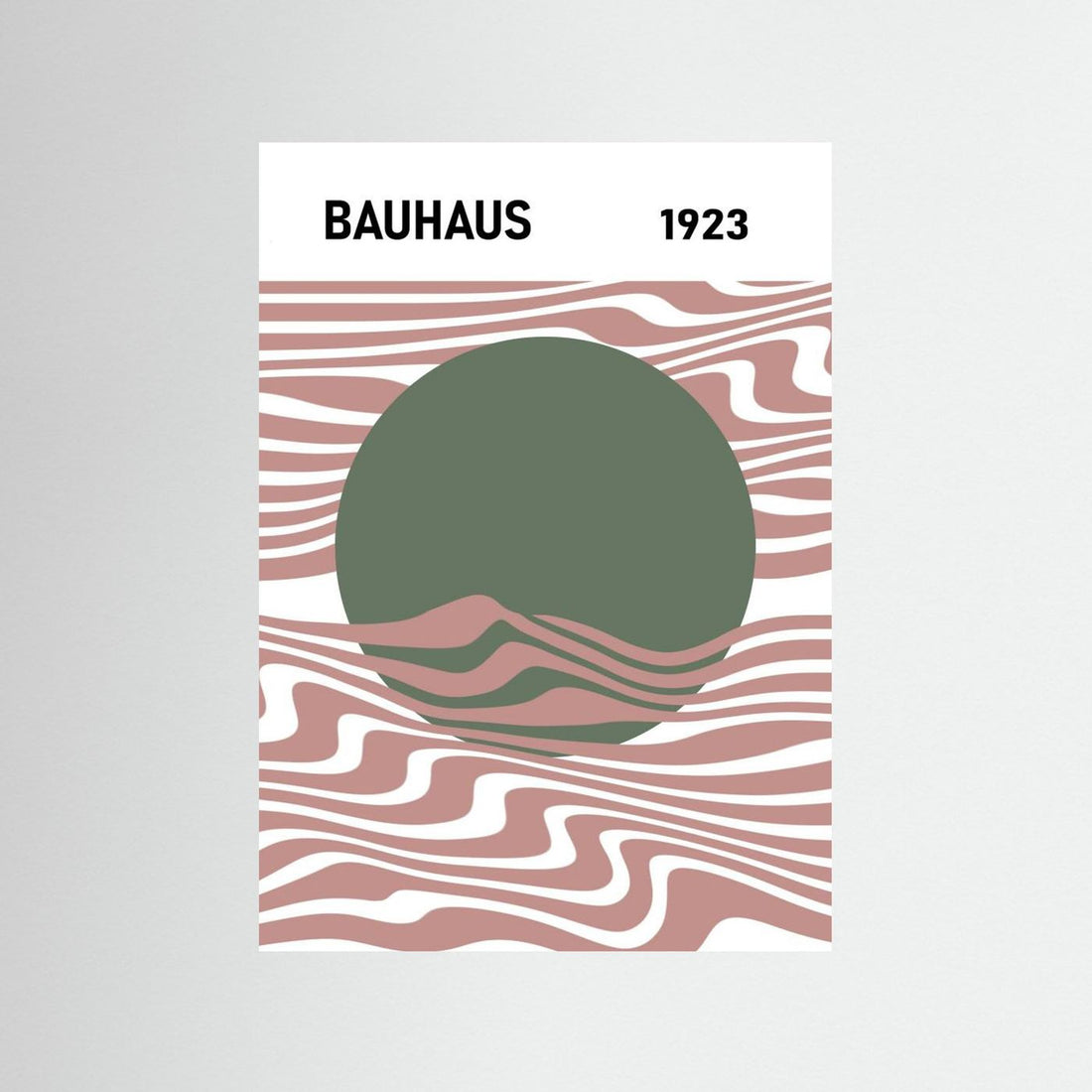 Bauhaus Pink and Green 1923 Poster by Sannel Larson. Minimalist wall art with a green circle and abstract pink waves.
