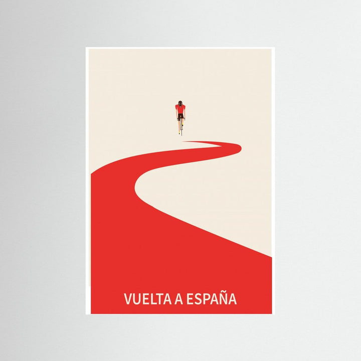 Minimalist Vuelta a España cycling art poster by Paperago featuring a rider on a red winding road.