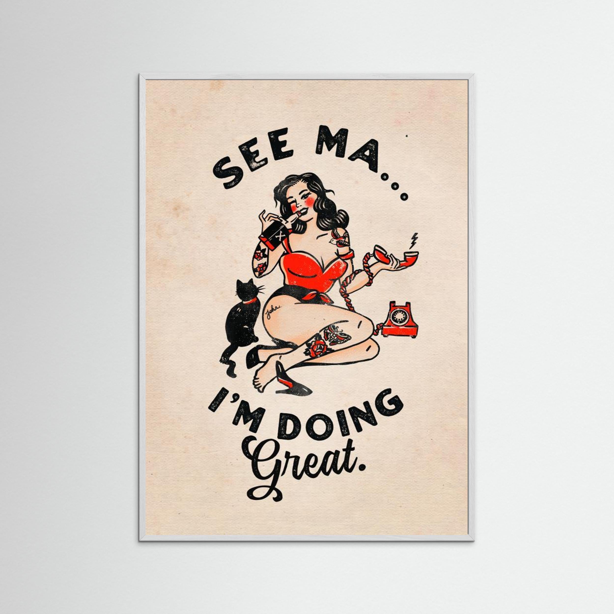 See Ma Poster Funny Vintage Pinup Girl &amp; Cat by The Whiskey Ginger