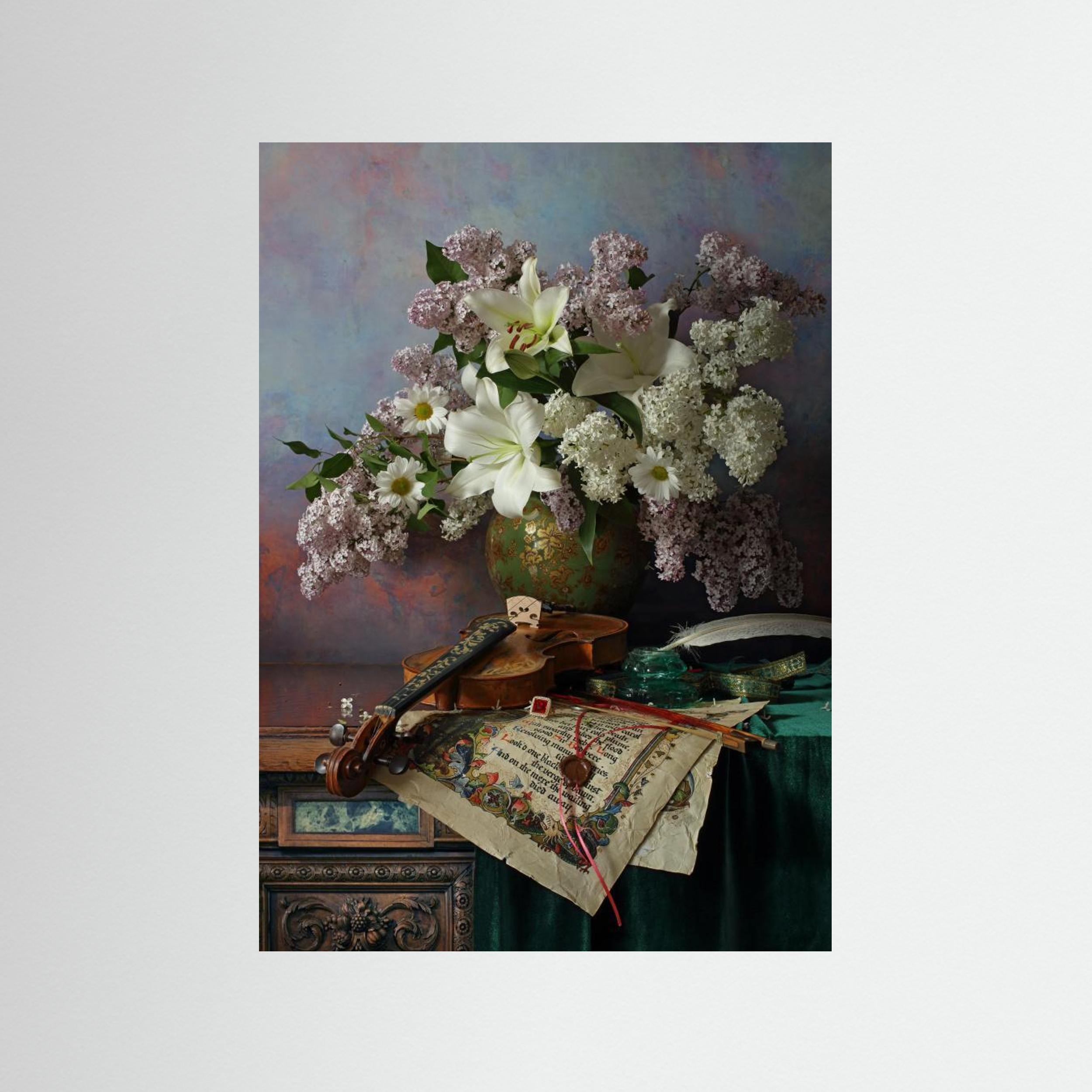 Still life with violin and flowers by Andrey Morozov