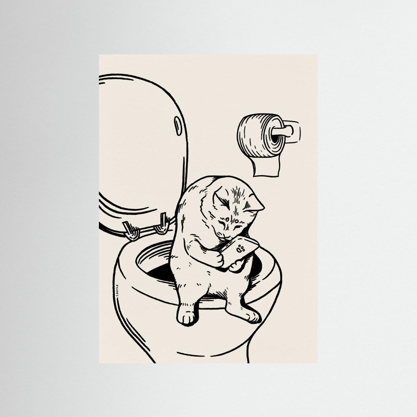 Cat on Toilet in black by Tara Royle