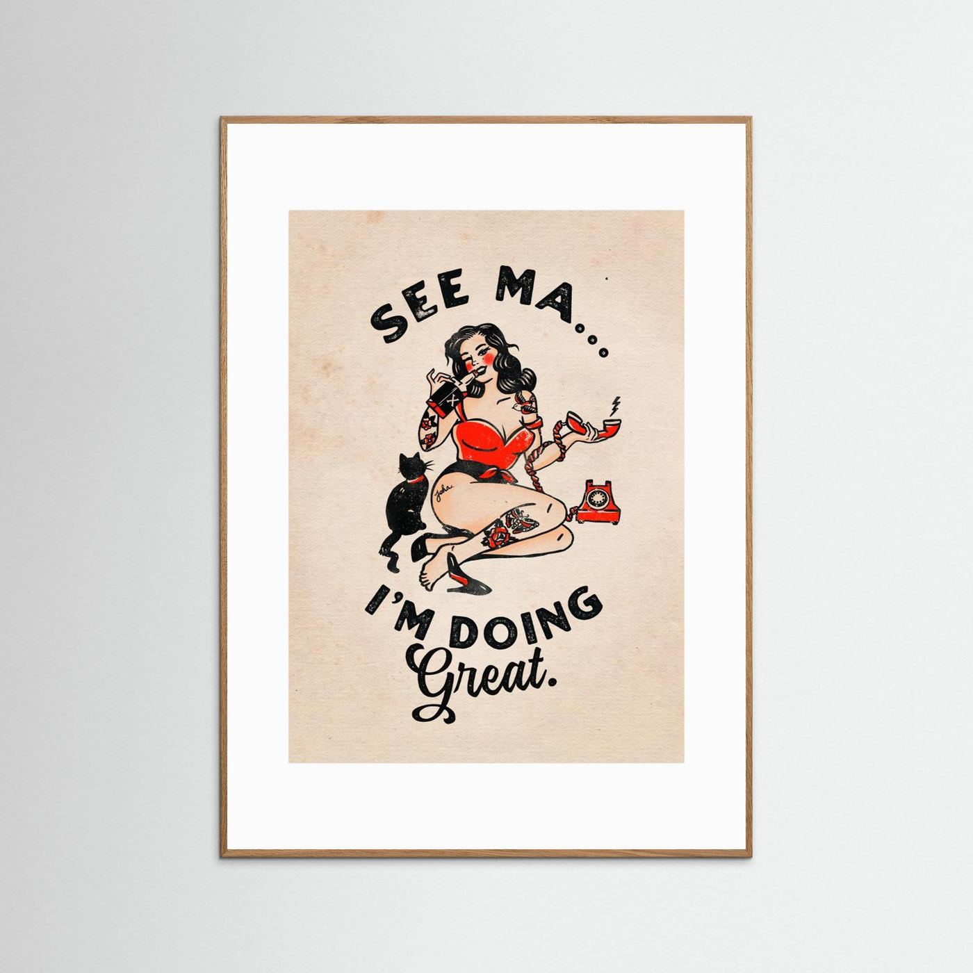 See Ma Poster Funny Vintage Pinup Girl &amp; Cat by The Whiskey Ginger
