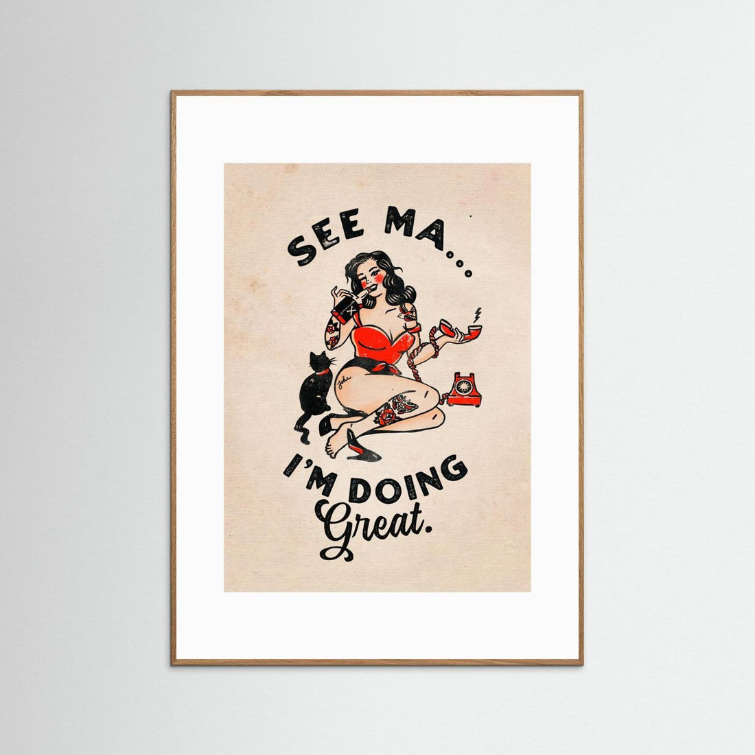 See Ma Poster Funny Vintage Pinup Girl &amp; Cat by The Whiskey Ginger