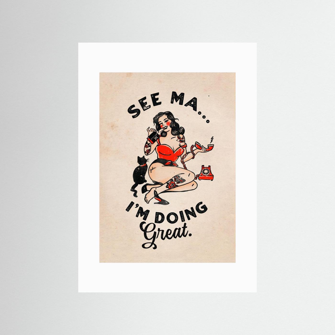 See Ma Poster Funny Vintage Pinup Girl &amp; Cat by The Whiskey Ginger
