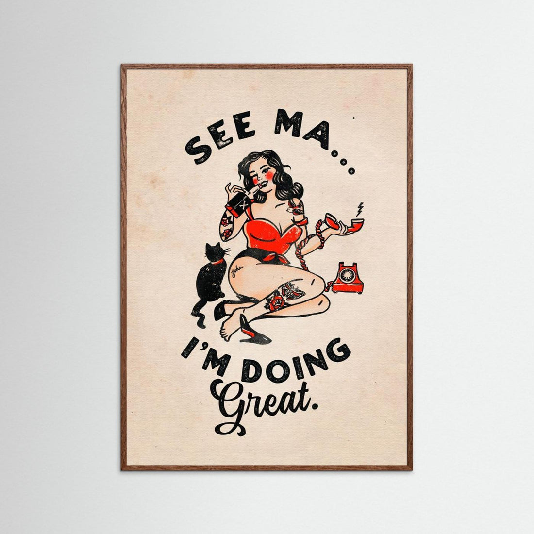 See Ma Poster Funny Vintage Pinup Girl &amp; Cat by The Whiskey Ginger