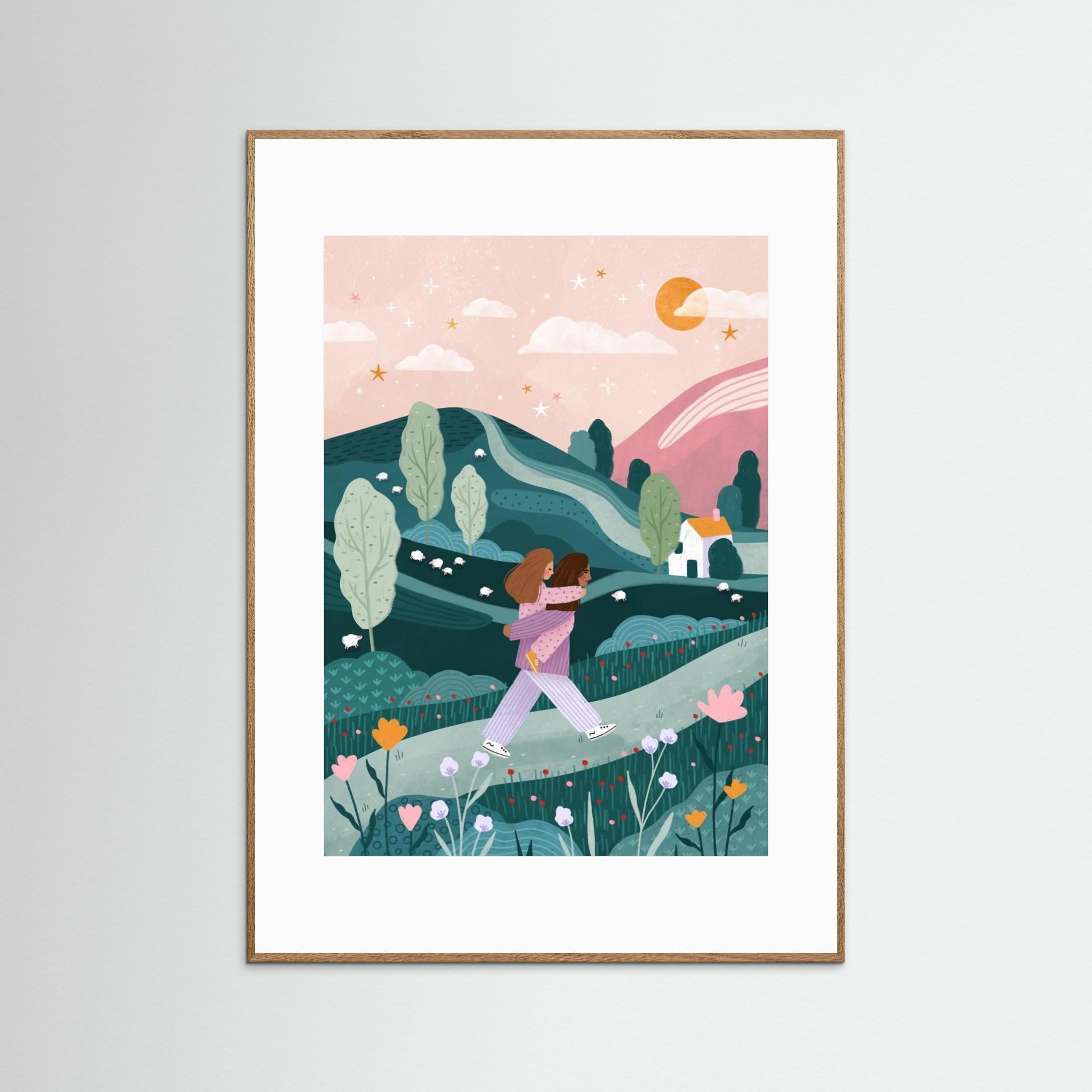Mummy Daughter Countryside Walk by Bea Müller - Fine Art Paper Print - dreamtprint.art - 14 x 21 cm / 5 x 8″ (A5)