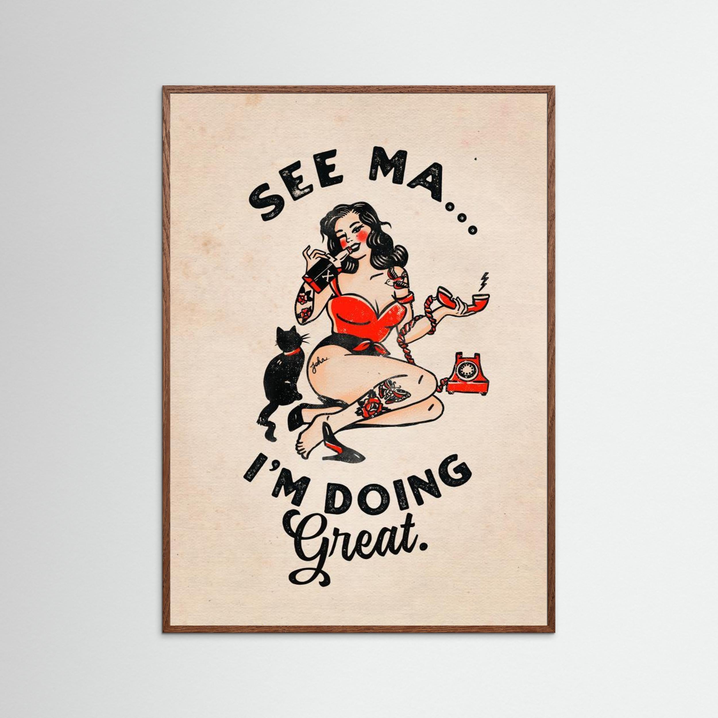 See Ma Poster Funny Vintage Pinup Girl &amp; Cat by The Whiskey Ginger