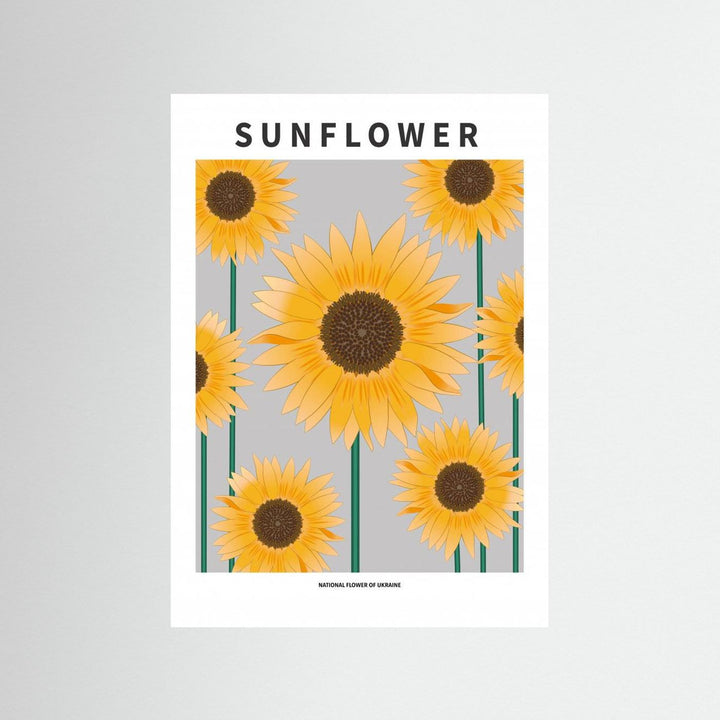 Fine art poster featuring yellow sunflowers on a grey background, titled National Flower of Ukraine by Paperago.