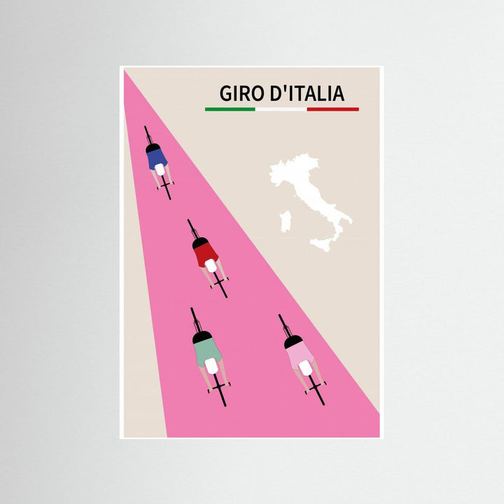 Minimalist Giro d'Italia cycling poster by Paperago featuring stylized riders on a pink road with a map of Italy.